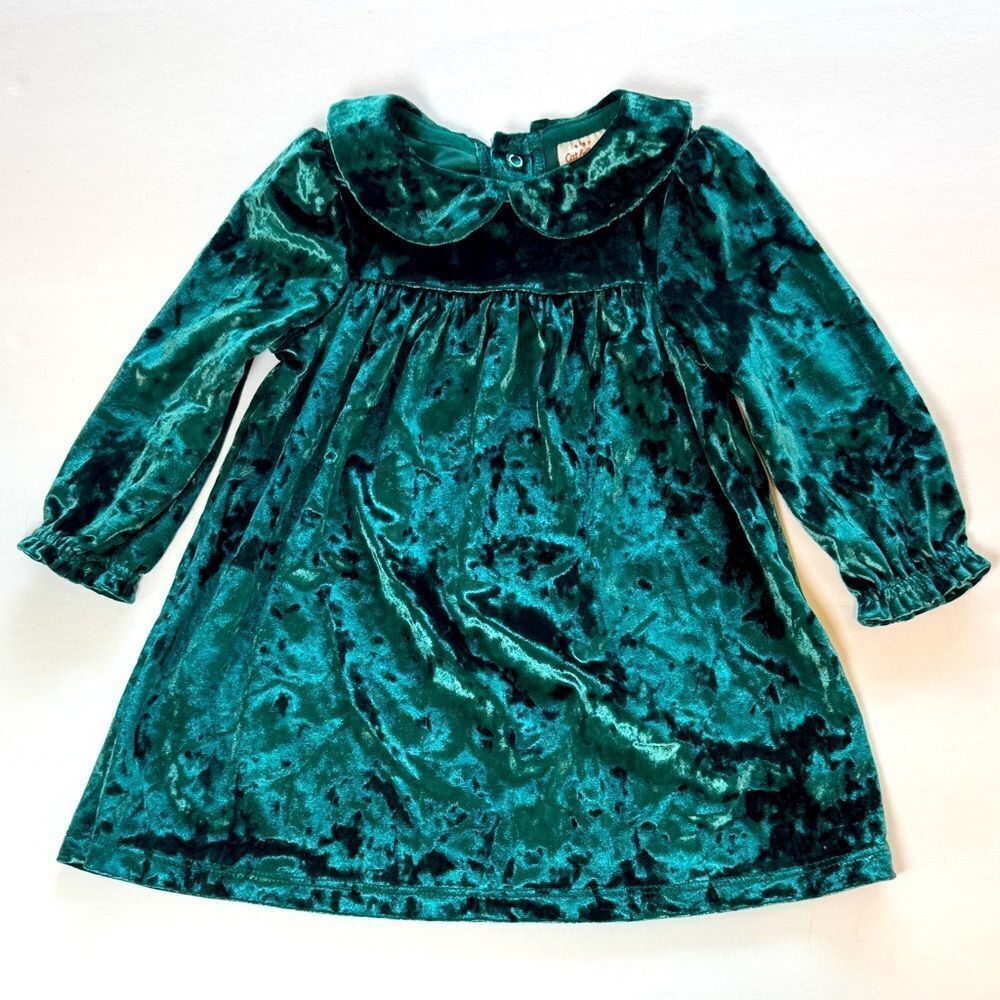 Cat & Jack Forest Green Crushed Velvet Baby Dress Size 18 Months